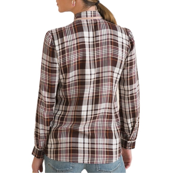 NWT Chico’s Ruffled Brown Plaid Shirt Large - Picture 3 of 10